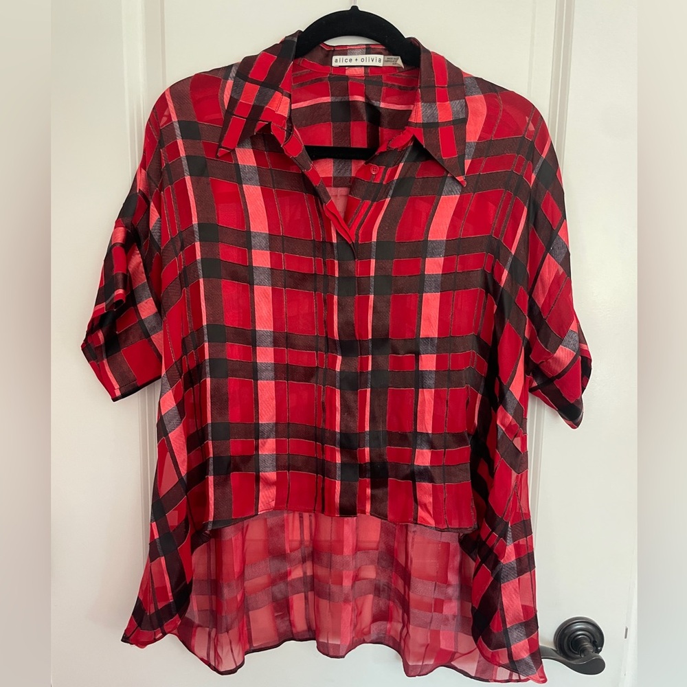 Alice and Olivia Edyth Red Black Plaid Sheer Short Sleeve Button Down Small